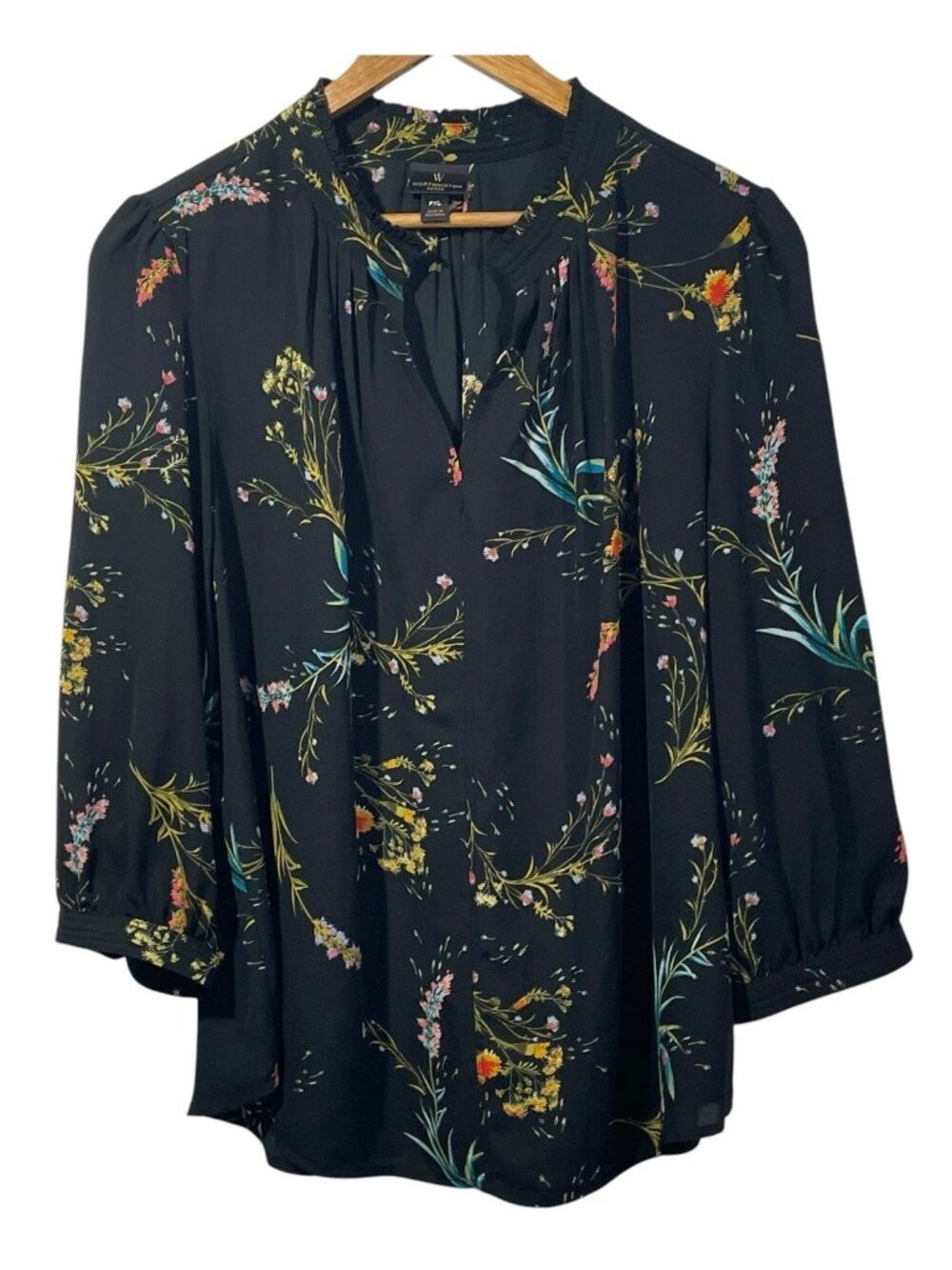 Worthington Petite XL Black Floral Blouse Split V Neck 3/4 Sleeve Career Office